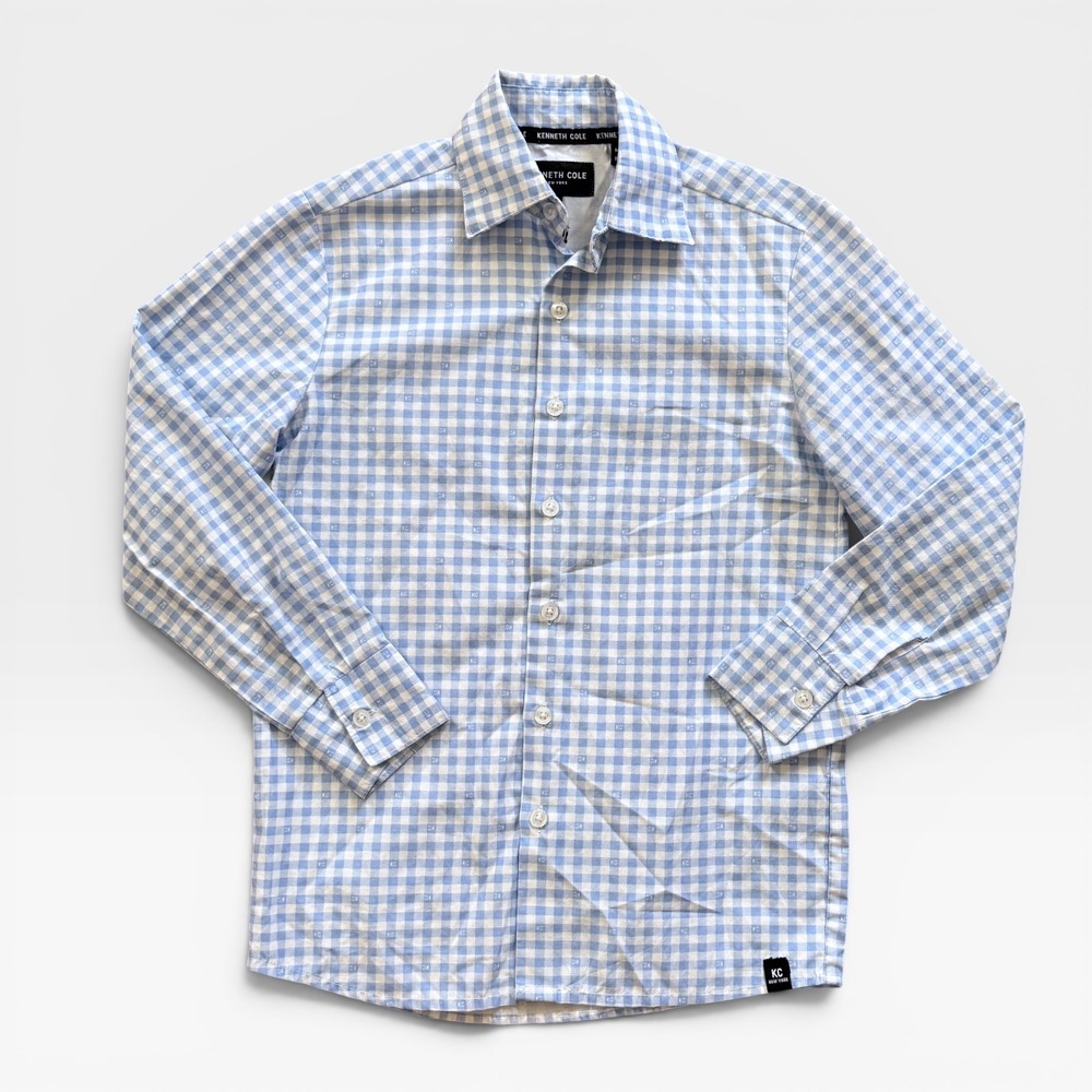 Kenneth Cole New York Boys Light Blue Gingham Monogram Button Down Shirt Size M